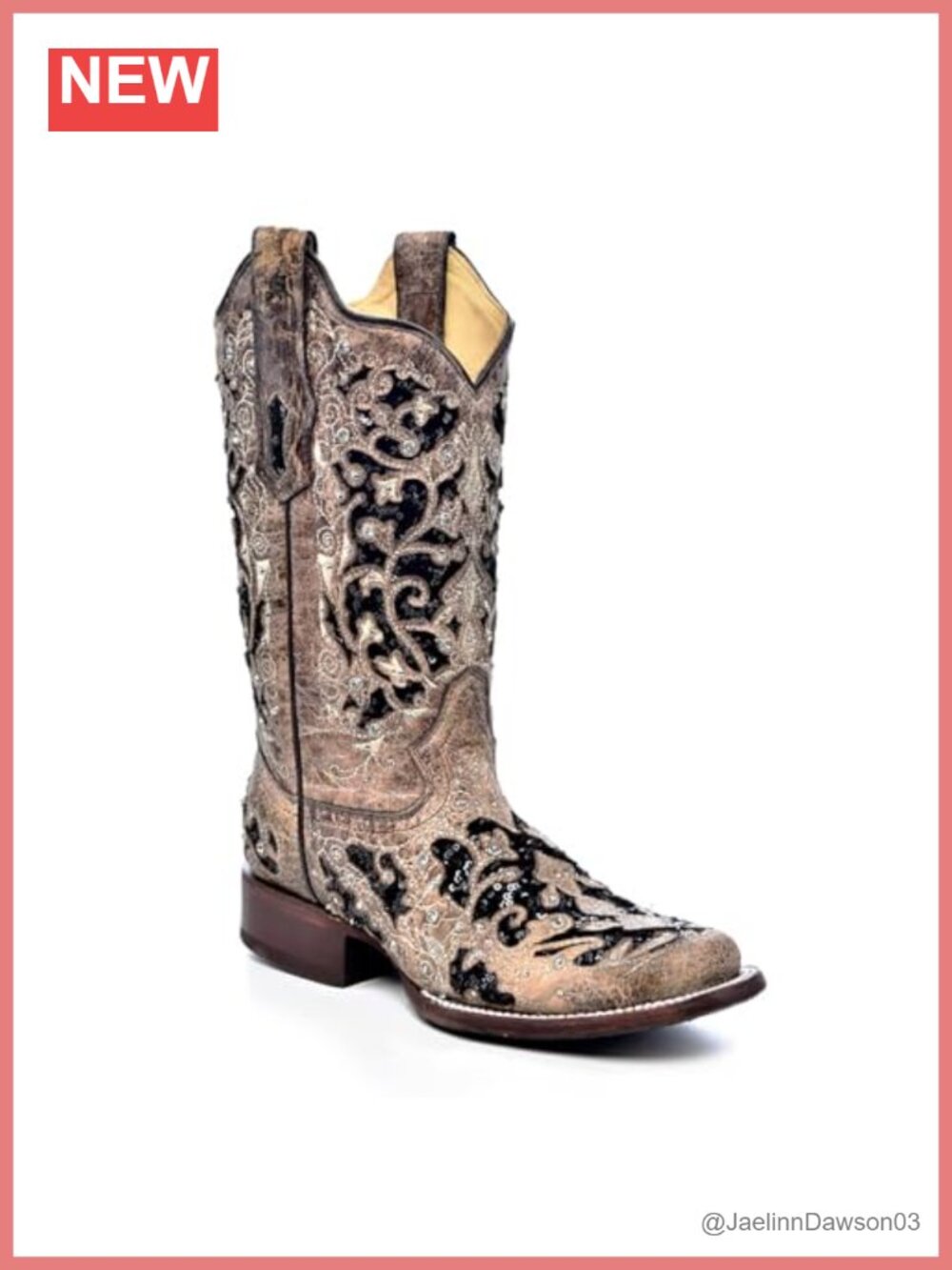 Women's Western Cowboy Boots Square Toe with Glitter Inlay Floral Overlay